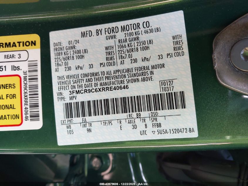 2024 Ford Bronco Sport Outer Banks VIN: 3FMCR9C6XRRE40646 Lot: 43979606