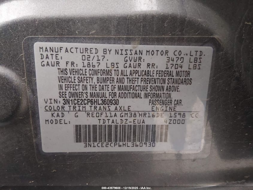 2017 Nissan Versa Note Sv VIN: 3N1CE2CP6HL360930 Lot: 43979608