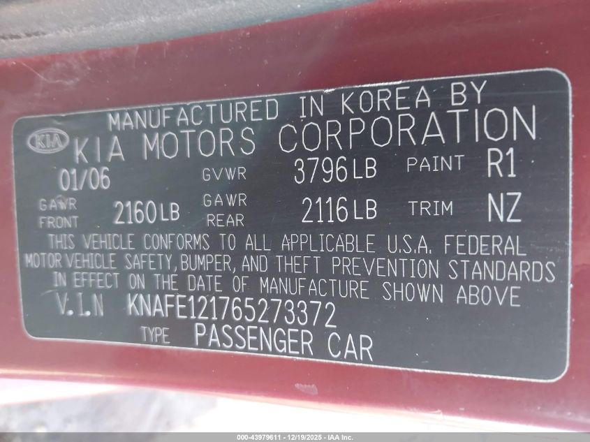 2006 Kia Spectra Ex/Lx/Sx VIN: KNAFE121765273372 Lot: 43979611