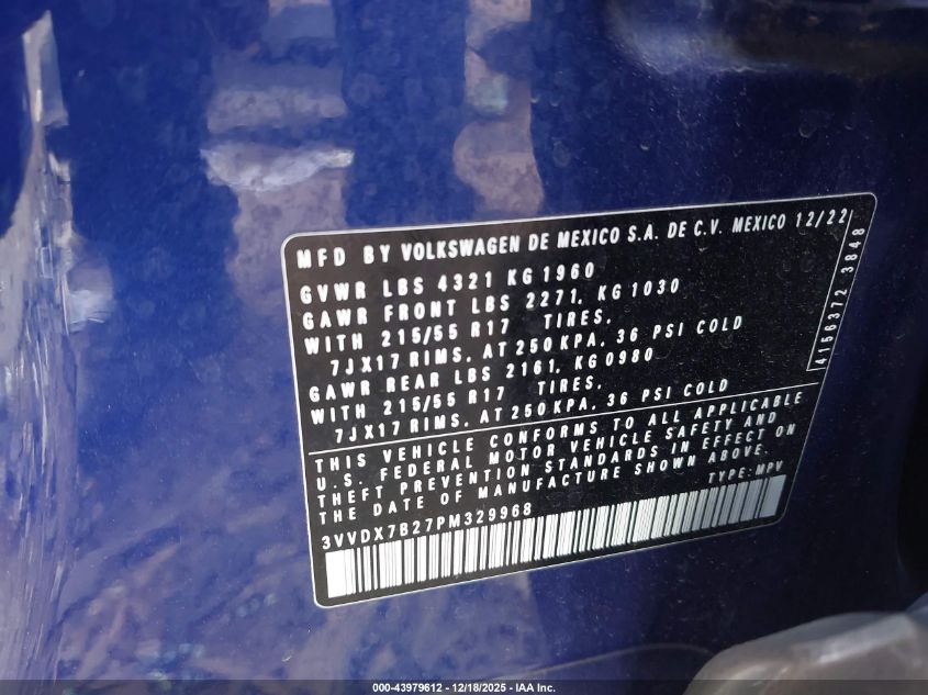 2023 Volkswagen Taos 1.5T S VIN: 3VVDX7B27PM329968 Lot: 43979612