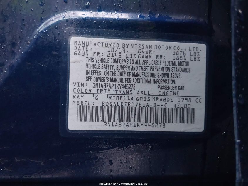 2019 Nissan Sentra Sv VIN: 3N1AB7AP1KY445278 Lot: 43979613