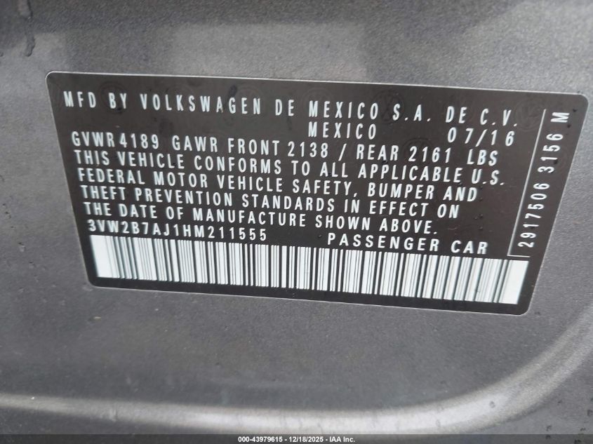 2017 Volkswagen Jetta 1.4T S VIN: 3VW2B7AJ1HM211555 Lot: 43979615