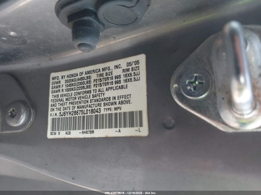 2005 Honda Element Ex VIN: 5J6YH28675L018043 Lot: 43979616