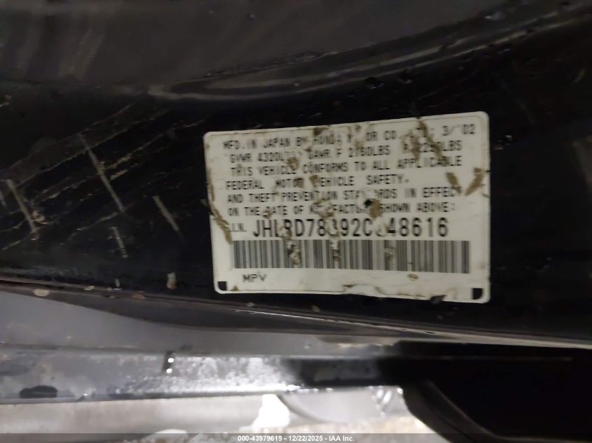 2002 Honda Cr-V Ex VIN: JHLRD78892C048616 Lot: 43979619