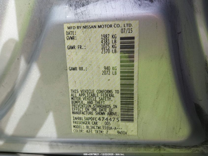 2015 Nissan Altima 3.5 S/3.5 Sl/3.5 Sv VIN: 1N4BL3AP0FC474475 Lot: 43979621