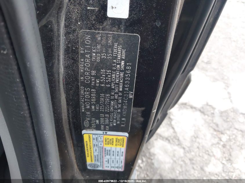 2010 Kia Sedona Lx VIN: KNDMG4C31A6335681 Lot: 43979622