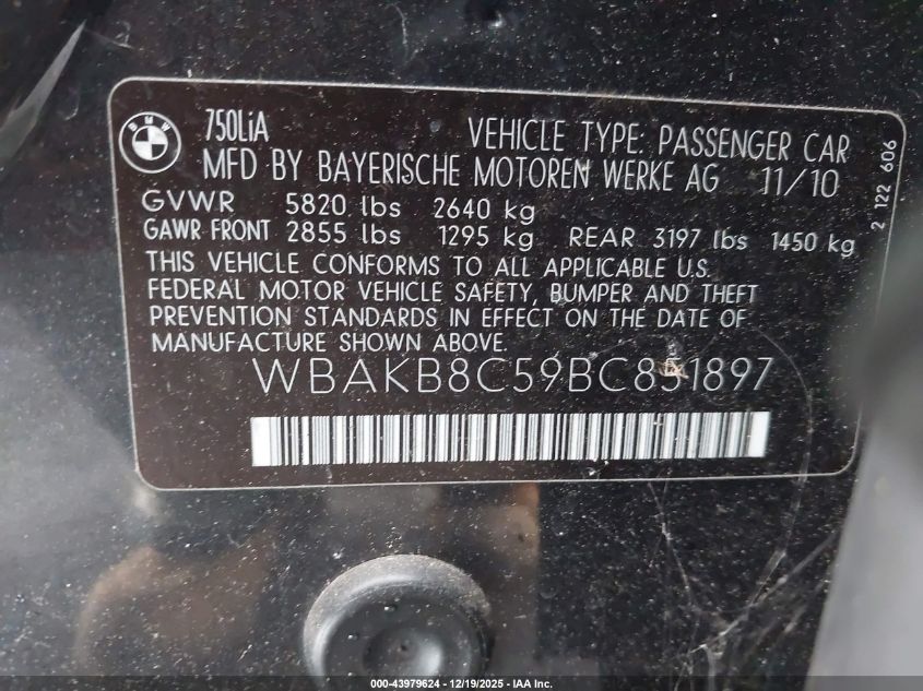 2011 BMW 750Li VIN: WBAKB8C59BC851897 Lot: 43979624