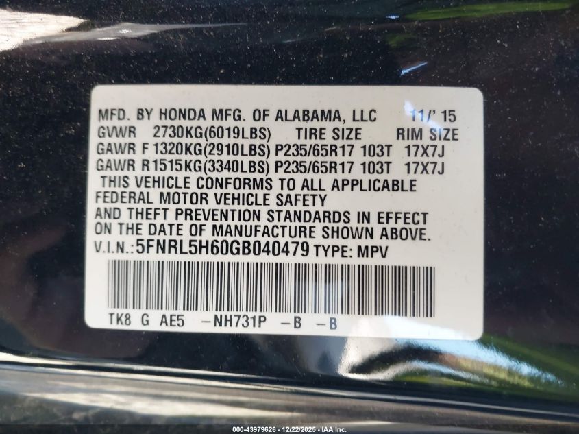 2016 Honda Odyssey Ex-L VIN: 5FNRL5H60GB040479 Lot: 43979626