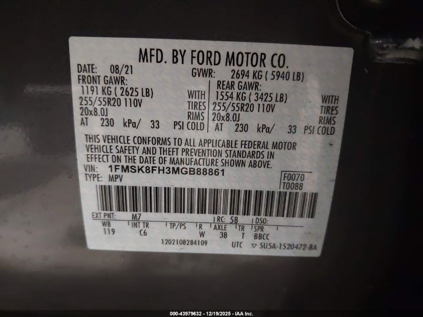 2021 Ford Explorer Limited VIN: 1FMSK8FH3MGB88861 Lot: 43979632