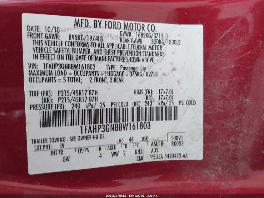 2011 Ford Focus Ses VIN: 1FAHP3GN8BW161803 Lot: 43979634