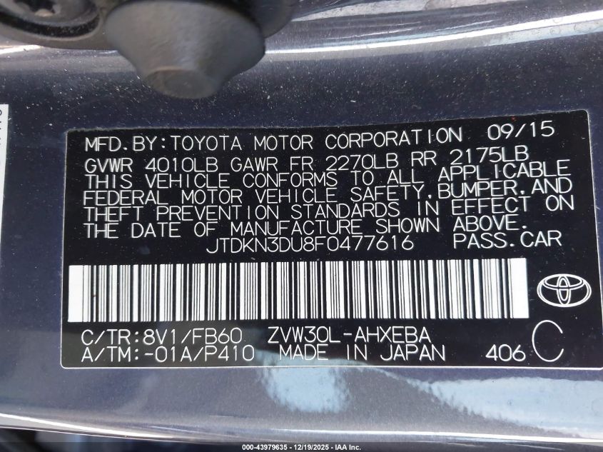 2015 Toyota Prius Two VIN: JTDKN3DU8F0477616 Lot: 43979635