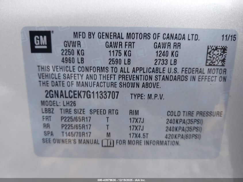 2016 Chevrolet Equinox Lt VIN: 2GNALCEK7G1133707 Lot: 43979636