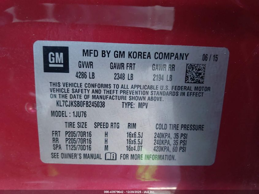 2015 Chevrolet Trax 1Ls VIN: KL7CJKSB0FB245038 Lot: 43979642