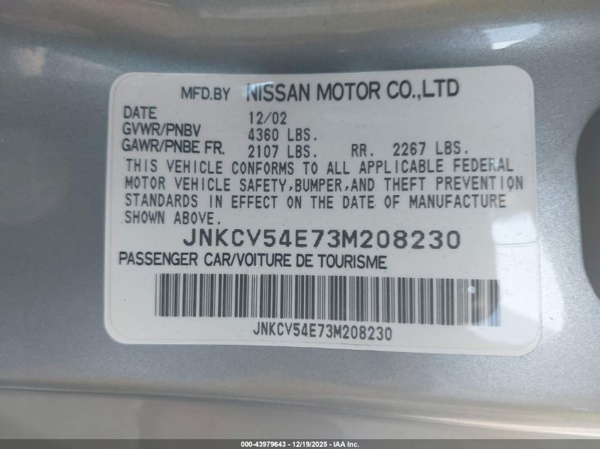 2003 Infiniti G35 Base W/6 Speed Manual VIN: JNKCV54E73M208230 Lot: 43979643