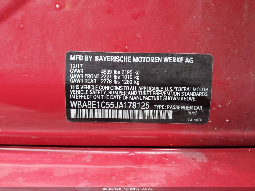 2018 BMW 330E Iperformance VIN: WBA8E1C55JA178125 Lot: 43979644