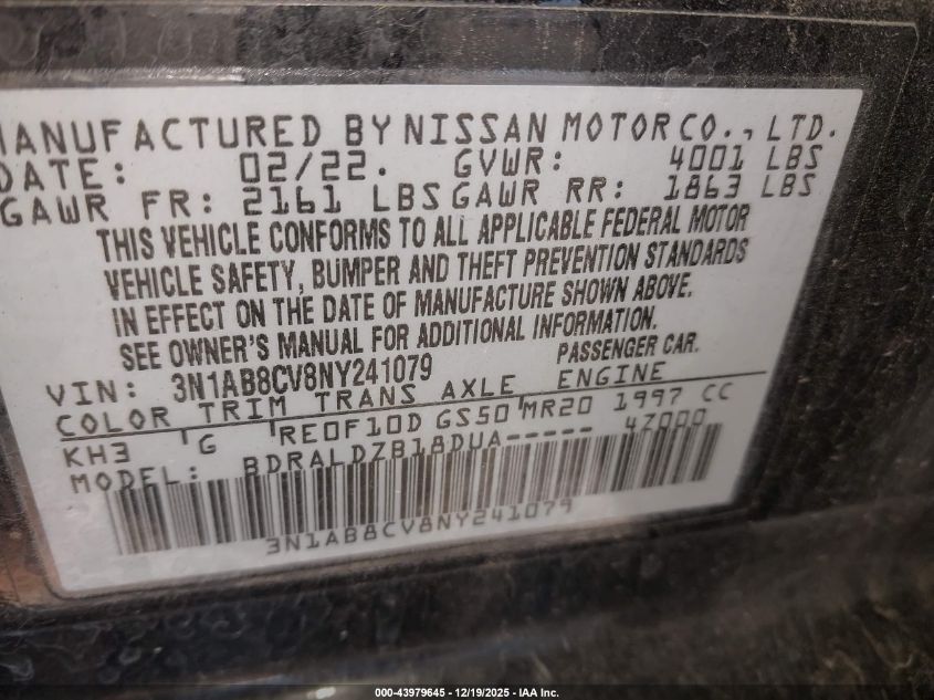 2022 Nissan Sentra Sv Xtronic Cvt VIN: 3N1AB8CV8NY241079 Lot: 43979645