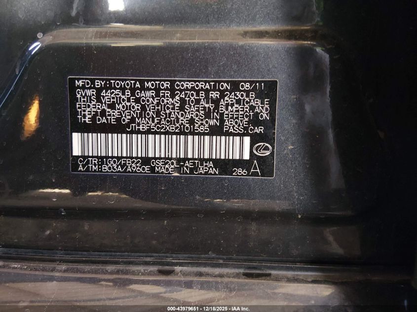 2011 Lexus Is 250 VIN: JTHBF5C2XB2101585 Lot: 43979651