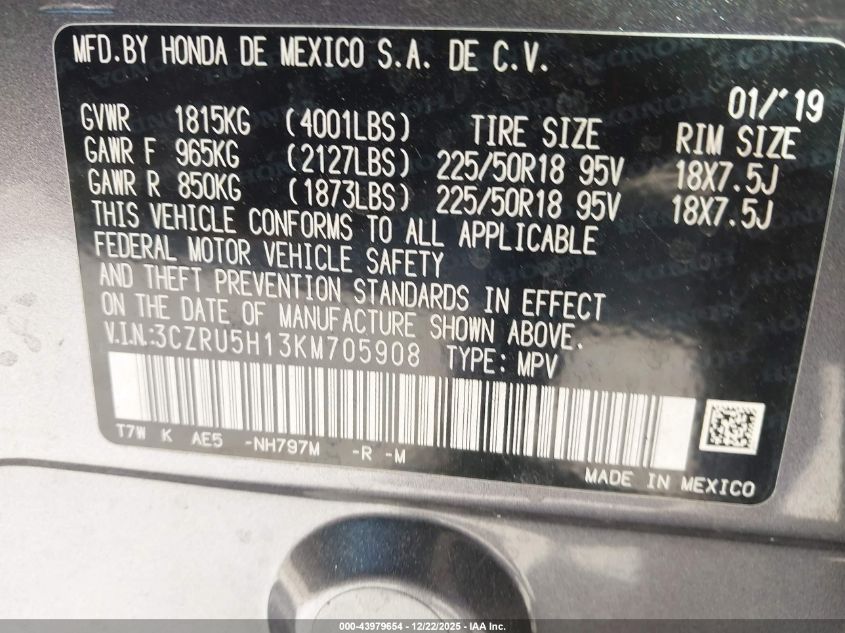2019 Honda Hr-V Sport VIN: 3CZRU5H13KM705908 Lot: 43979654