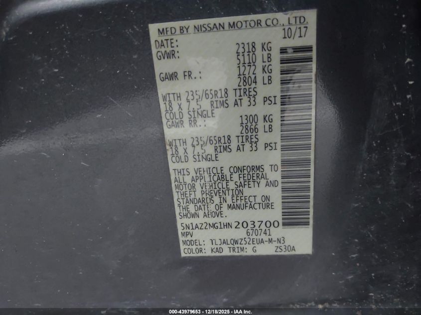 2017 Nissan Murano Sv VIN: 5N1AZ2MG1HN203700 Lot: 43979653
