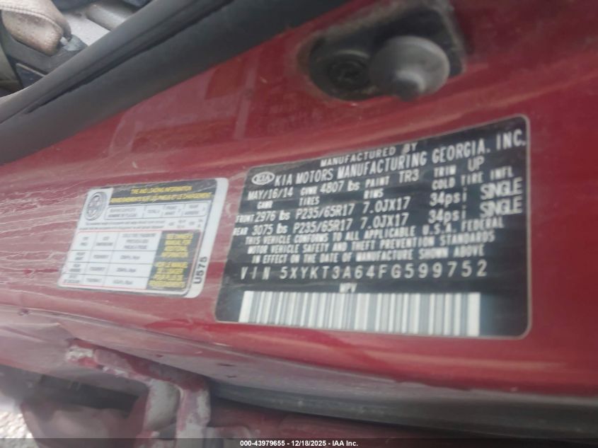 2015 Kia Sorento Lx VIN: 5XYKT3A64FG599752 Lot: 43979655