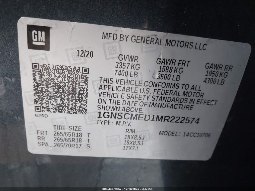 2021 Chevrolet Tahoe 2Wd Ls VIN: 1GNSCMED1MR222574 Lot: 43979657