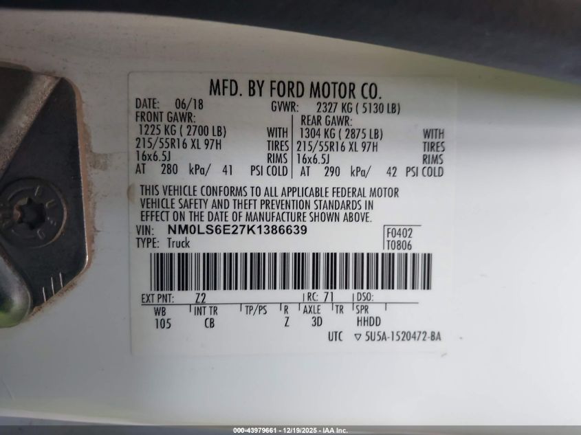 2019 Ford Transit Connect Xl VIN: NM0LS6E27K1386639 Lot: 43979661