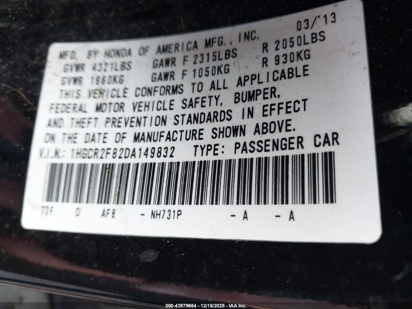 2013 Honda Accord Ex-L VIN: 1HGCR2F82DA149832 Lot: 43979664