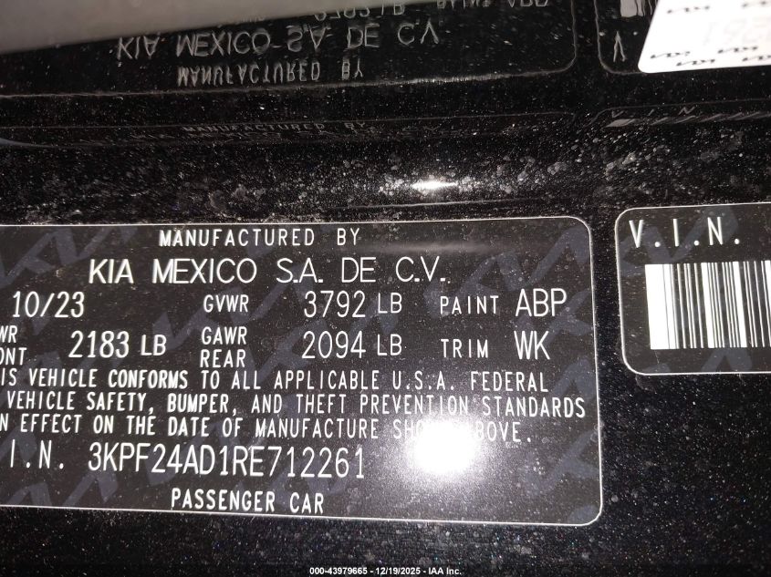 2024 Kia Forte Lxs VIN: 3KPF24AD1RE712261 Lot: 43979665