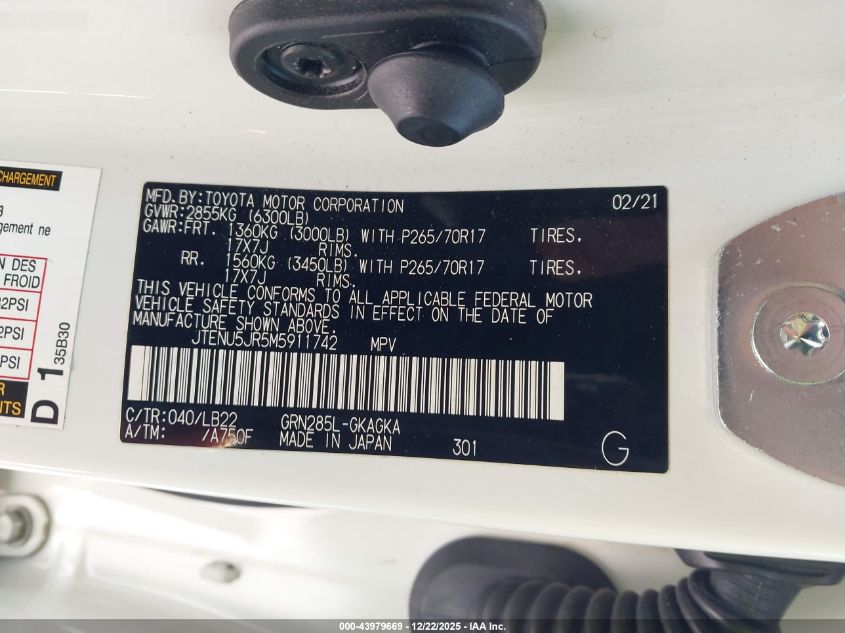 2021 Toyota 4Runner Sr5 Premium VIN: JTENU5JR5M5911742 Lot: 43979669