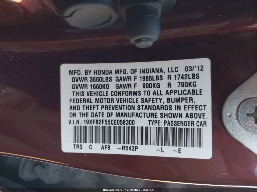 2012 Honda Civic Lx VIN: 19XFB2F55CE058300 Lot: 43979670