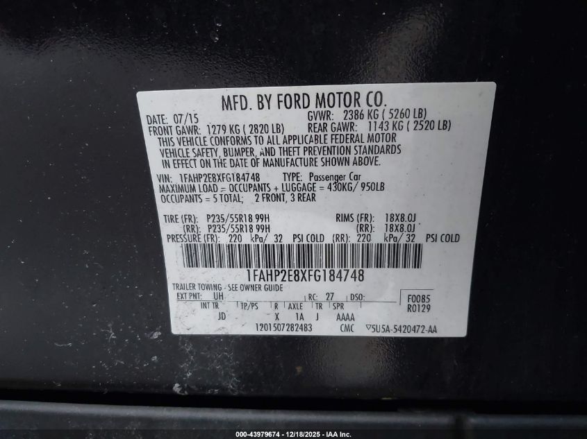 2015 Ford Taurus Sel VIN: 1FAHP2E8XFG184748 Lot: 43979674