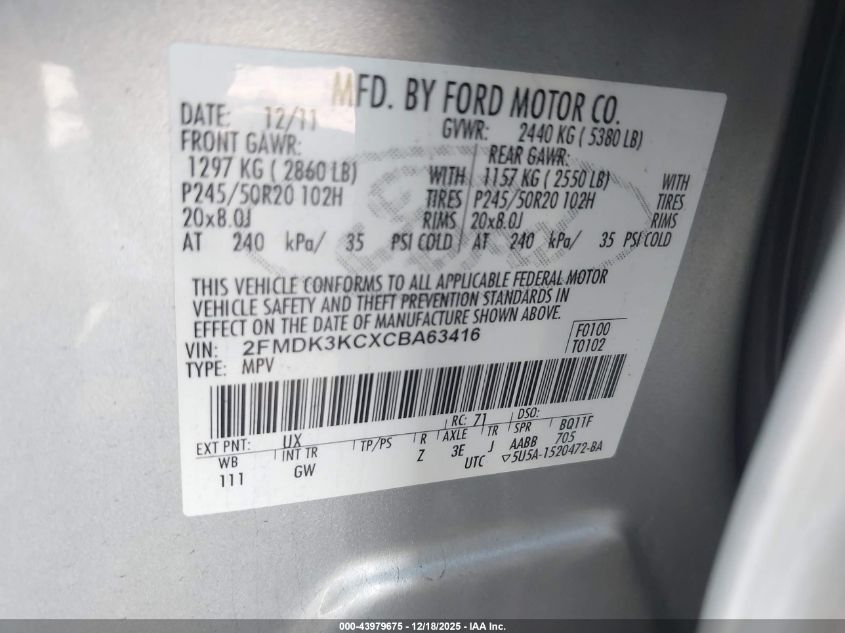 2012 Ford Edge Limited VIN: 2FMDK3KCXCBA63416 Lot: 43979675