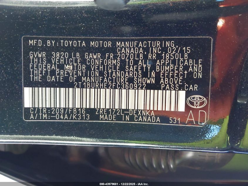 2015 Toyota Corolla Le VIN: 2T1BURHE2FC360922 Lot: 43979681