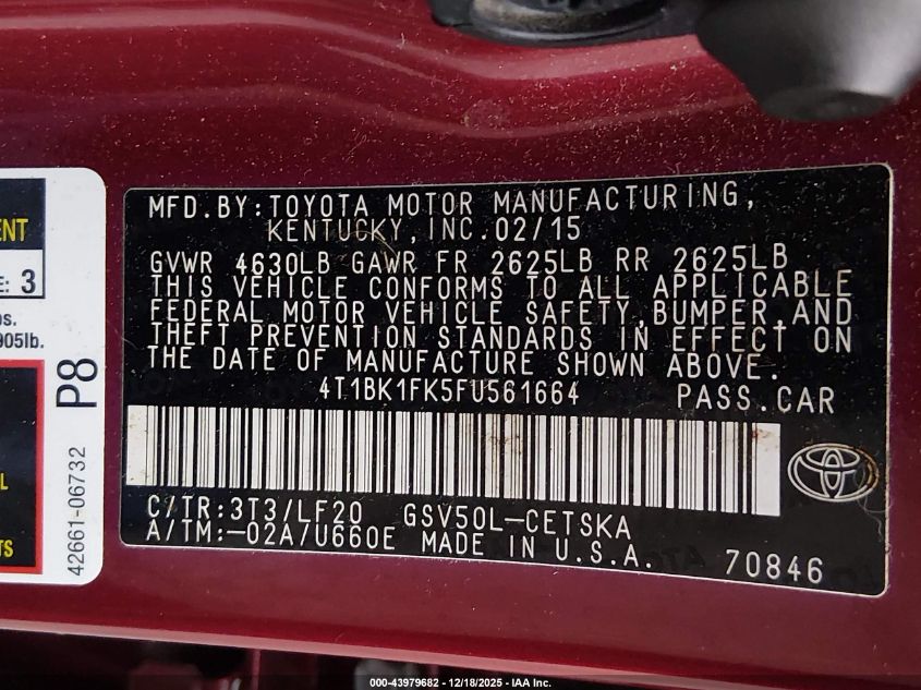 2015 Toyota Camry Xse V6 VIN: 4T1BK1FK5FU561664 Lot: 43979682