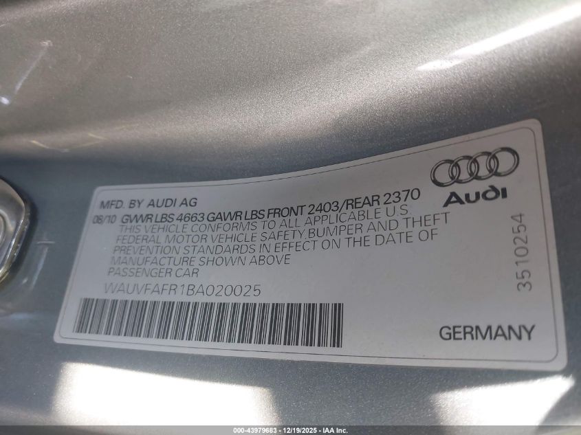 2011 Audi A5 2.0T Premium VIN: WAUVFAFR1BA020025 Lot: 43979683