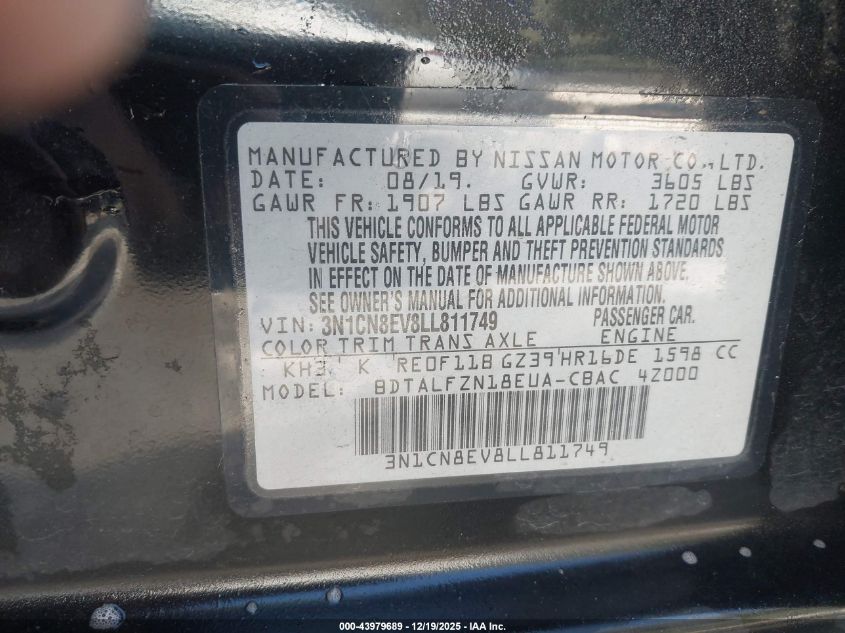 2020 Nissan Versa Sv Xtronic Cvt VIN: 3N1CN8EV8LL811749 Lot: 43979689