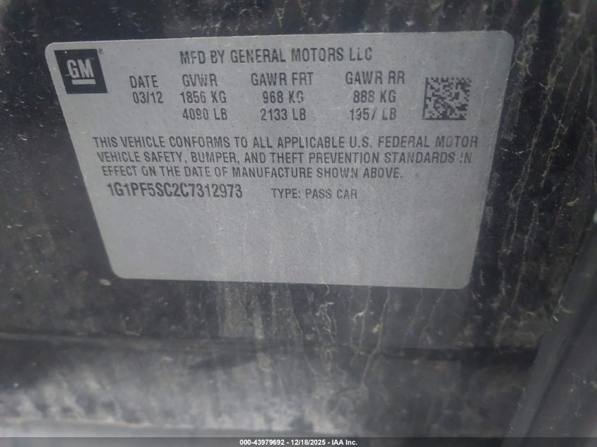 2012 Chevrolet Cruze 1Lt VIN: 1G1PF5SC2C7312973 Lot: 43979692