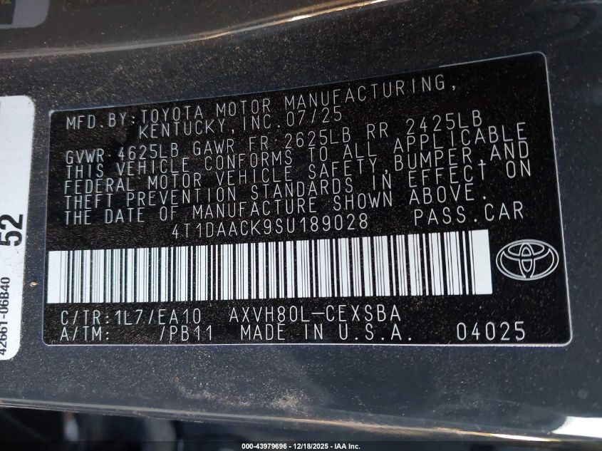 2025 Toyota Camry Se VIN: 4T1DAACK9SU189028 Lot: 43979696