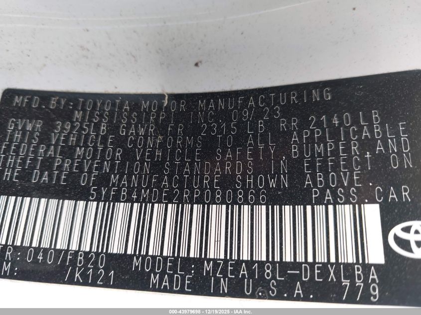 2024 Toyota Corolla Le VIN: 5YFB4MDE2RP080866 Lot: 43979698
