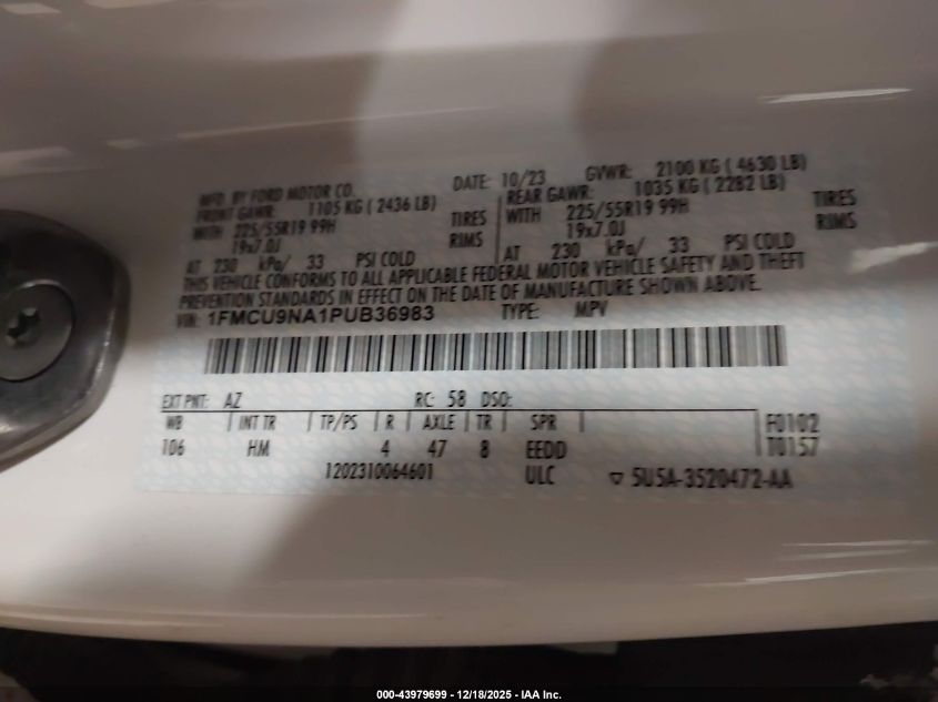 2023 Ford Escape St-Line Select VIN: 1FMCU9NA1PUB36983 Lot: 43979699