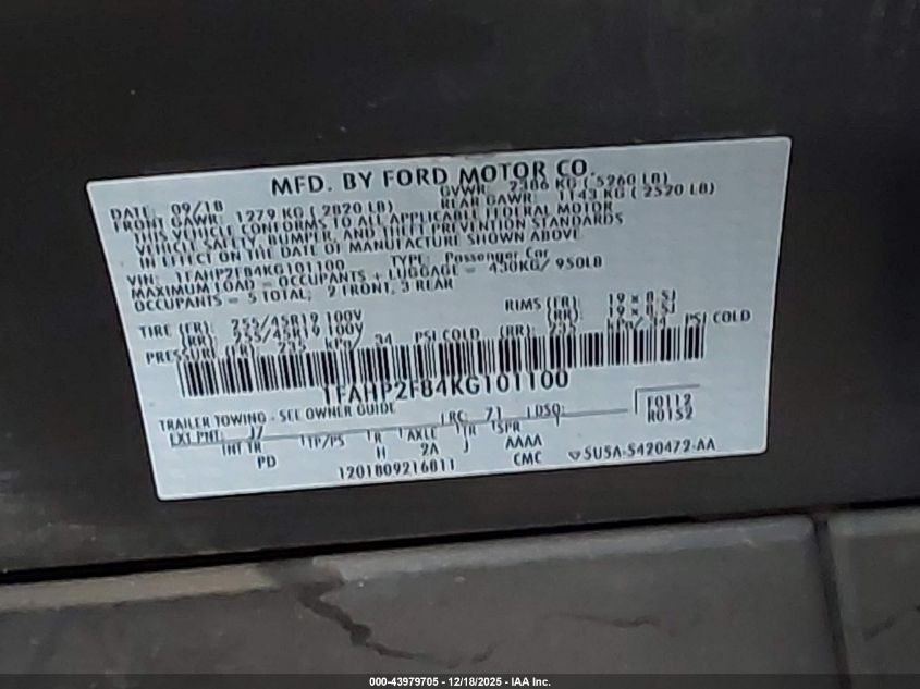 2019 Ford Taurus Limited VIN: 1FAHP2F84KG101100 Lot: 43979705