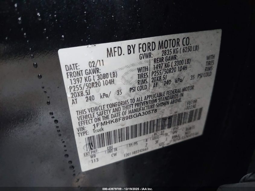 2011 Ford Explorer Limited VIN: 1FMHK8F89BGA30578 Lot: 43979709