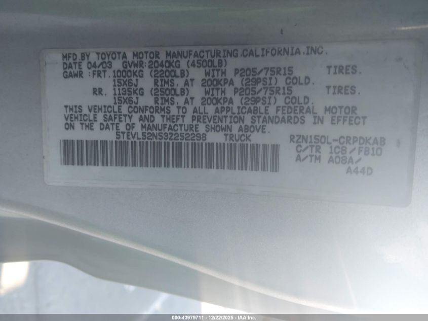 2003 Toyota Tacoma VIN: 5TEVL52N53Z252298 Lot: 43979711