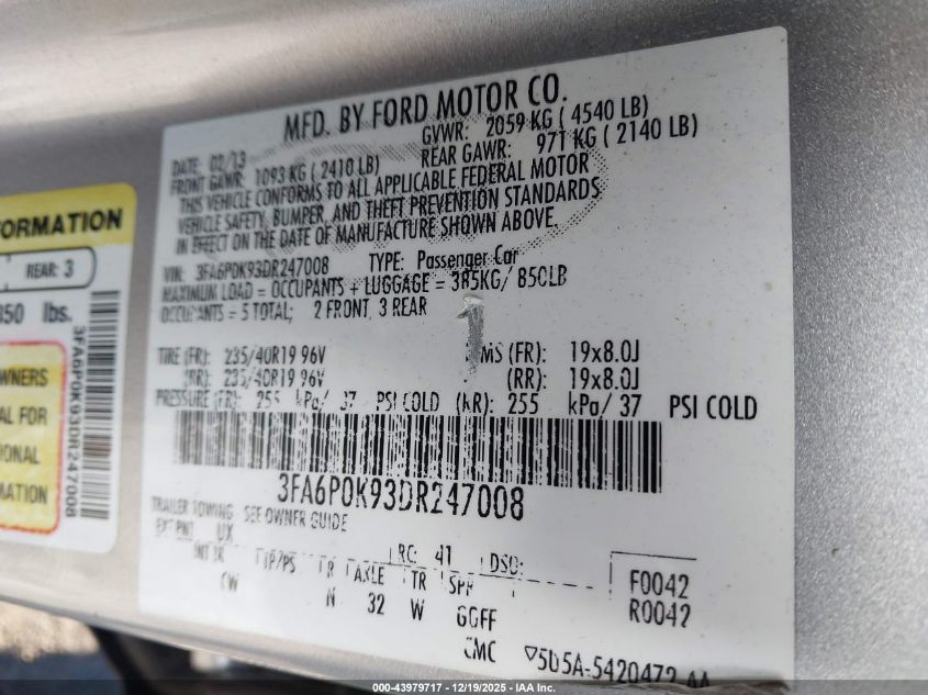 2013 Ford Fusion Titanium VIN: 3FA6P0K93DR247008 Lot: 43979717