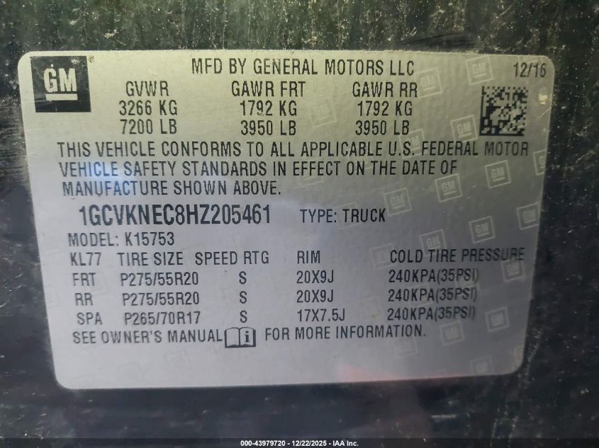 2017 Chevrolet Silverado 1500 Wt VIN: 1GCVKNEC8HZ205461 Lot: 43979720