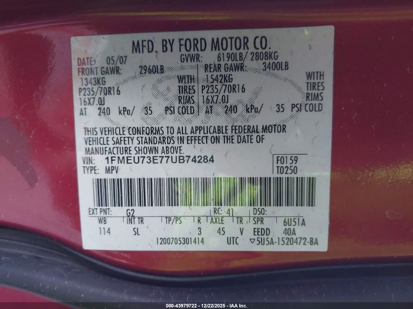 2007 Ford Explorer Xlt VIN: 1FMEU73E77UB74284 Lot: 43979722