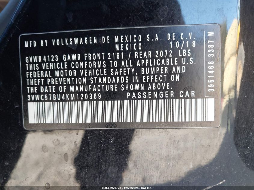 2019 Volkswagen Jetta 1.4T R-Line/1.4T S/1.4T Se VIN: 3VWC57BU4KM120369 Lot: 43979723