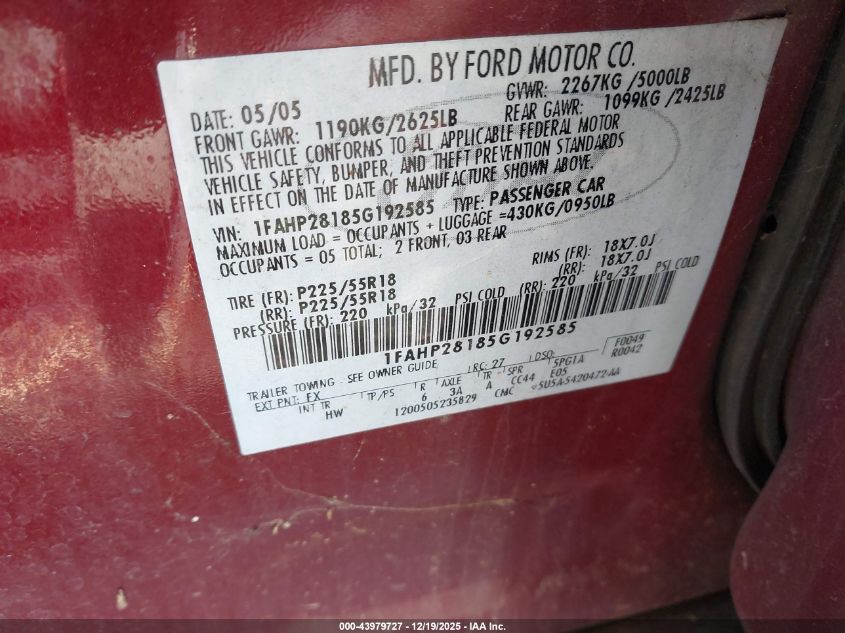 2005 Ford Five Hundred Limited VIN: 1FAHP28185G192585 Lot: 43979727