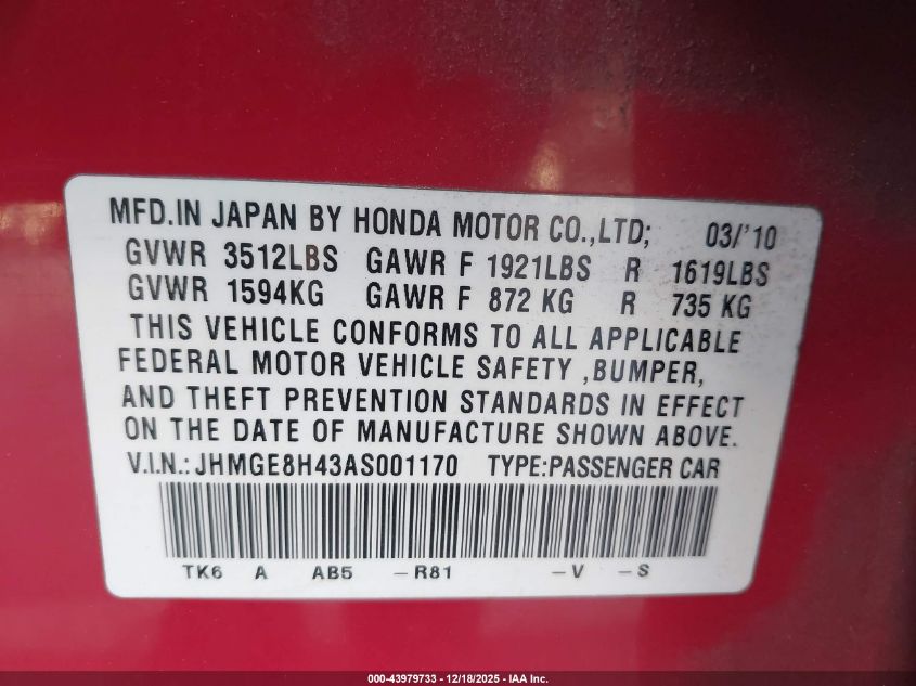 2010 Honda Fit Sport VIN: JHMGE8H43AS001170 Lot: 43979733