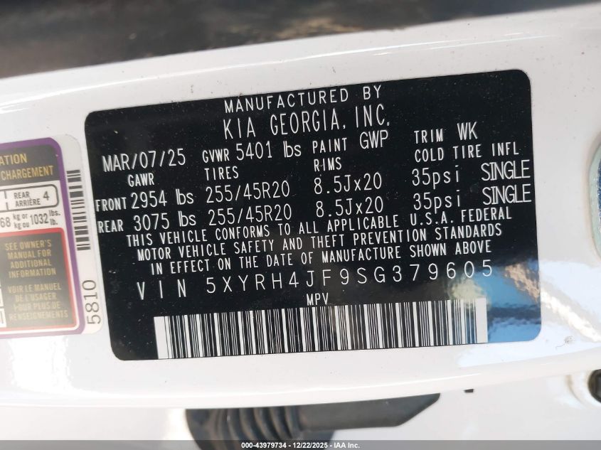 2025 Kia Sorento Ex VIN: 5XYRH4JF9SG379605 Lot: 43979734